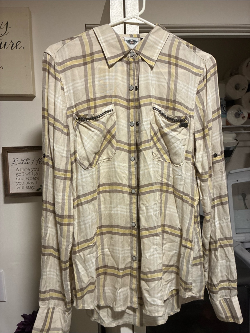 Harley-Davidson Cream Plaid Button-Up Shirt with Taupe Stripes
